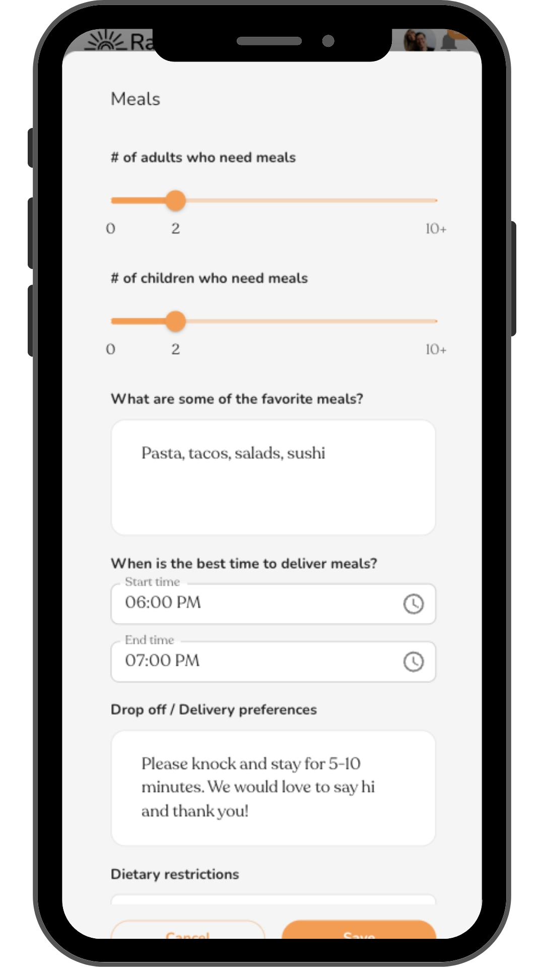 Rallee meal details form: number of adults and children, favorite meals, and best delivery time
