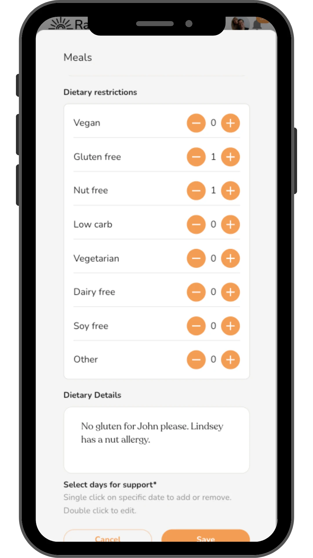 Rallee dietary restrictions picker with vegan, gluten-free, nut-free, and dairy-free options