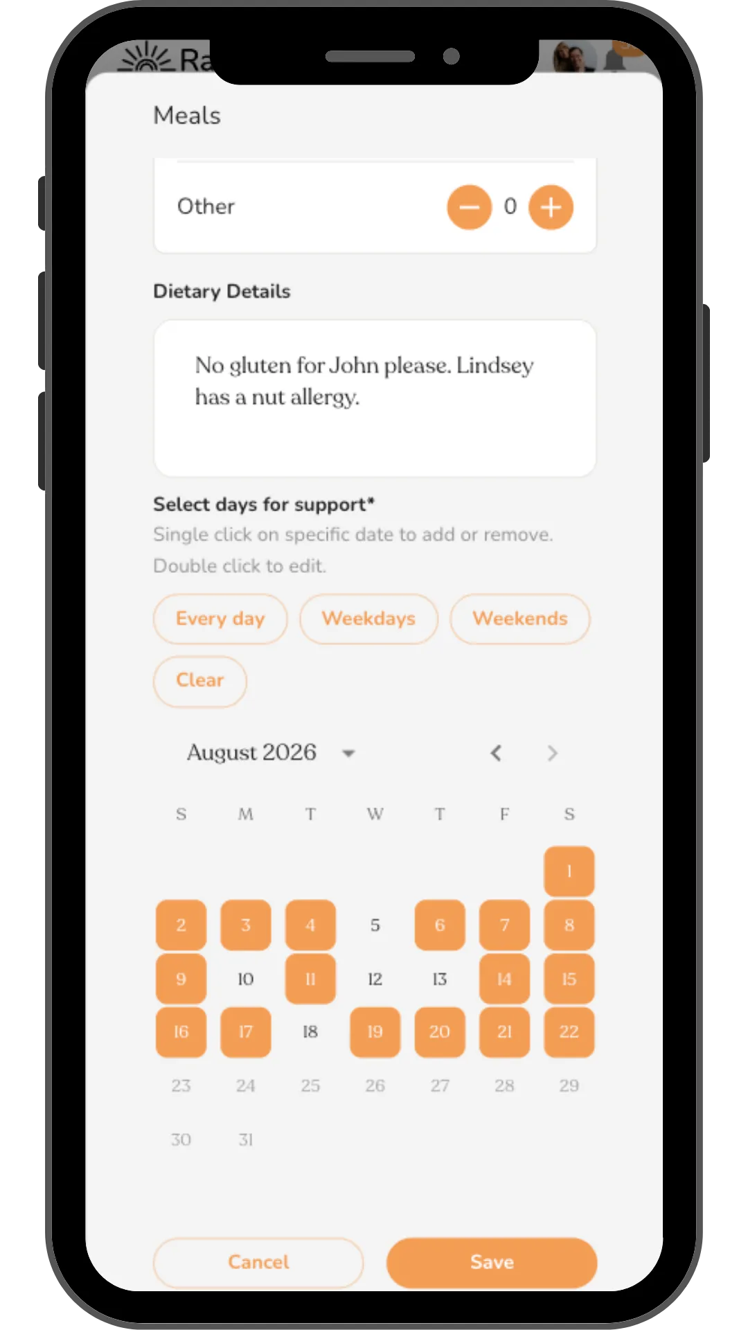 Rallee meal train calendar for selecting the days people can deliver meals