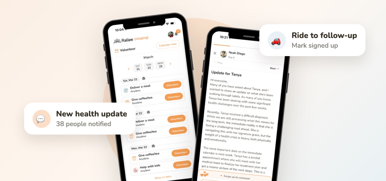 Two phones showing a Rallee volunteer calendar and a health update, with notes for a ride and a new update.