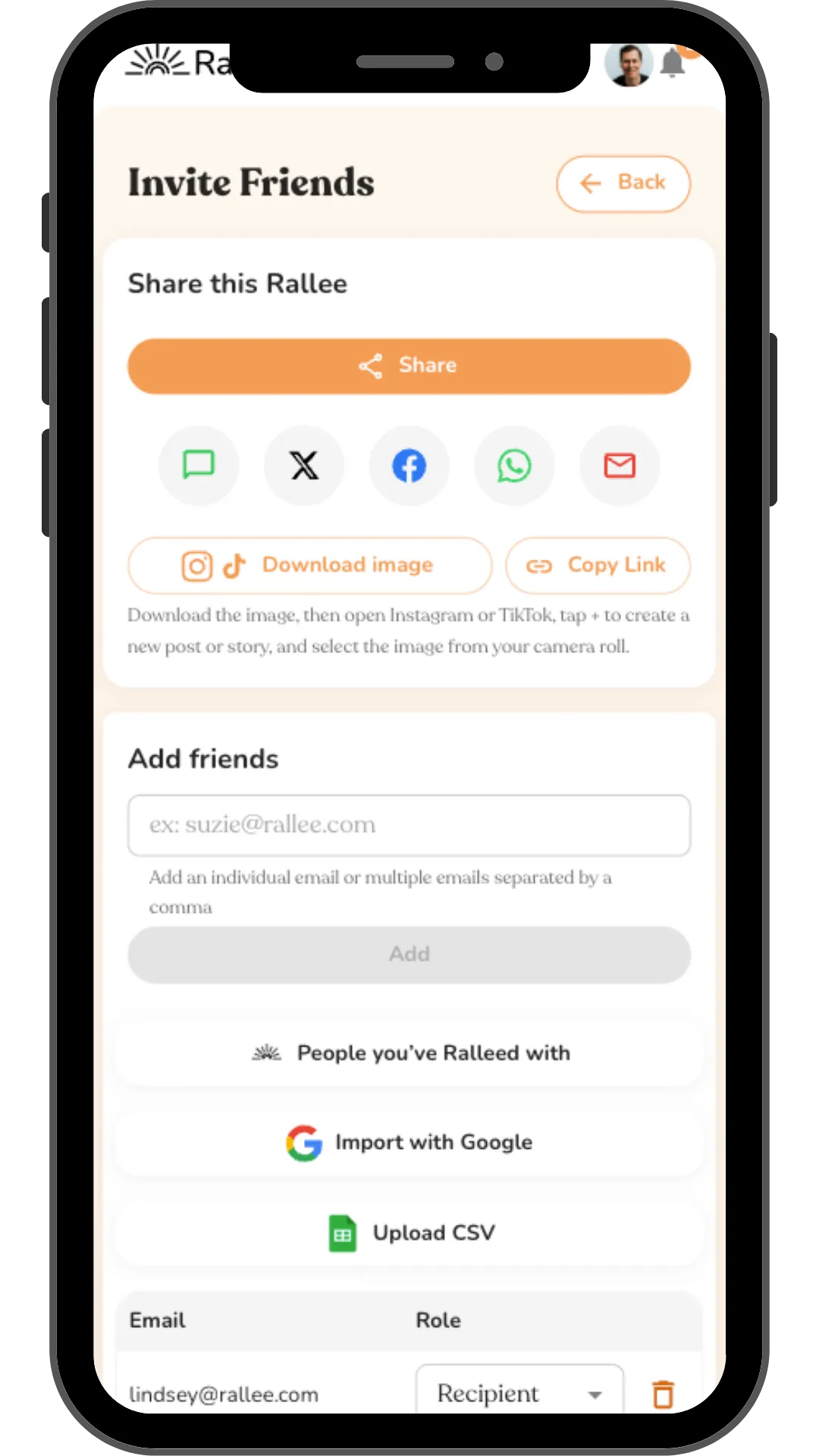 Rallee invite friends screen with share buttons, add-by-email, Google import, and CSV upload
