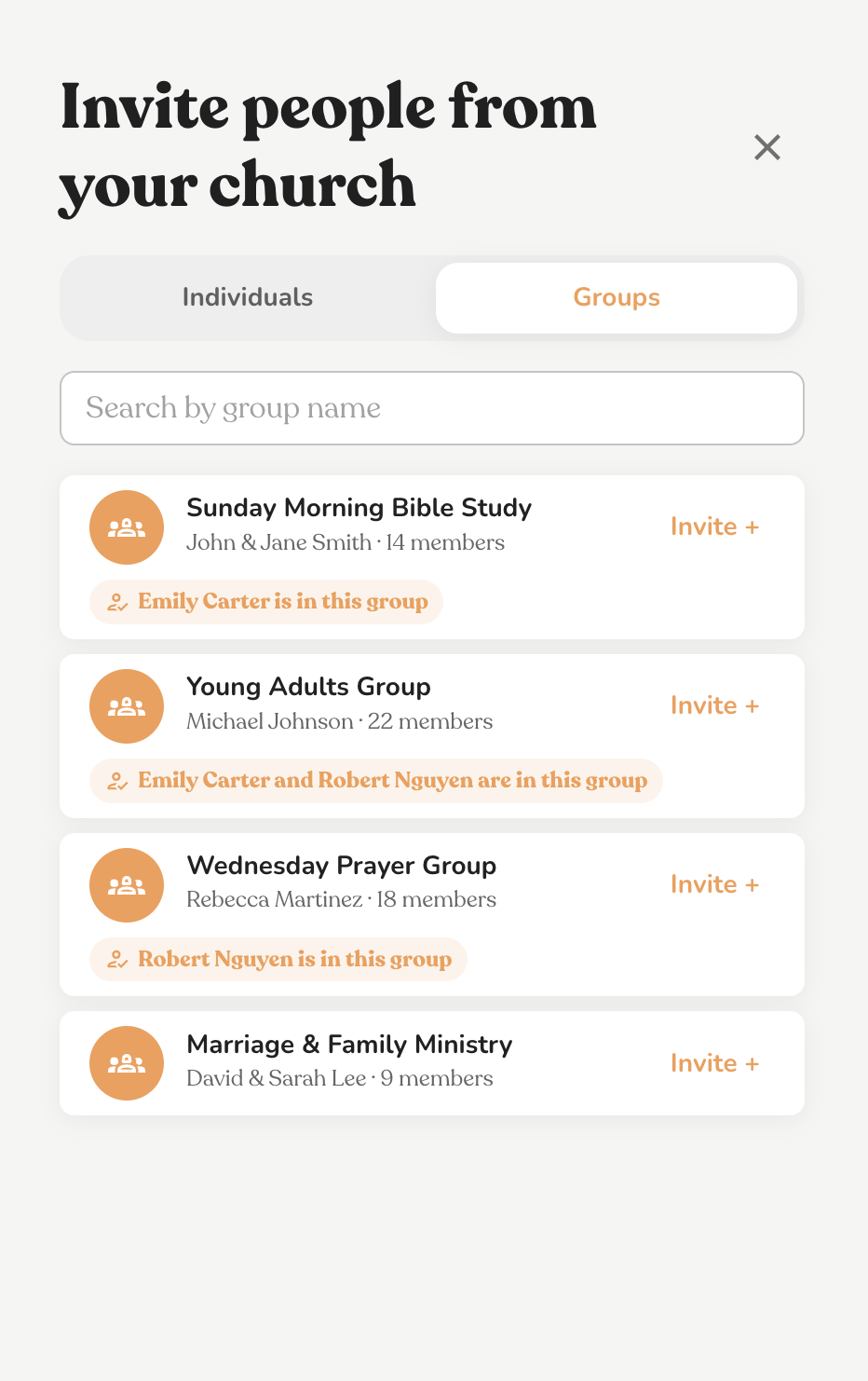 Inviting entire Planning Center groups, showing which groups the recipient already belongs to