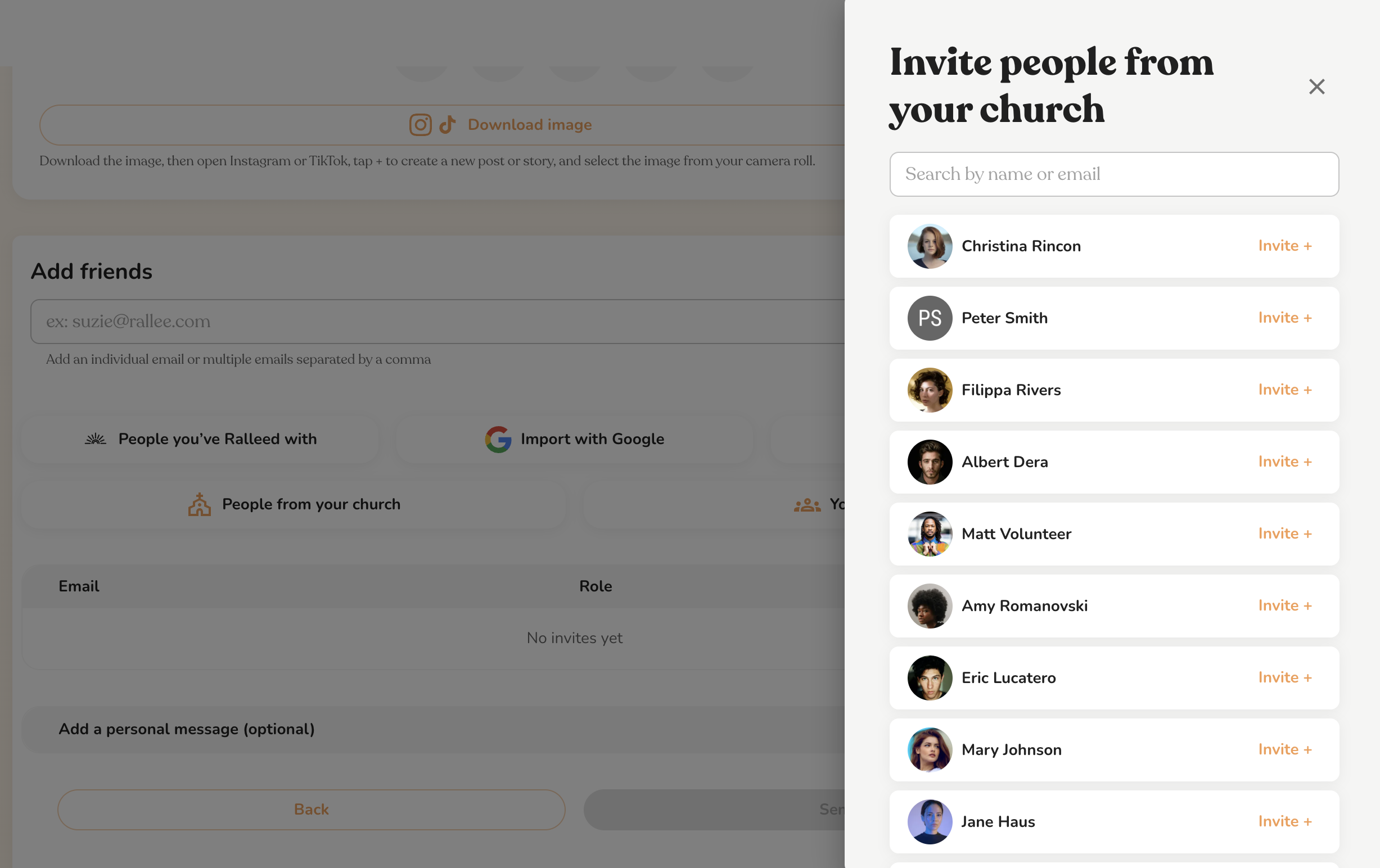 Rallee invite screen with the 'Invite people from your church' panel listing congregation members