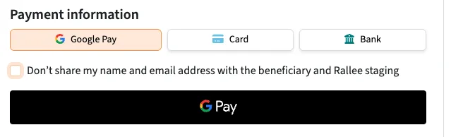 Pledge's Payment information step with a checkbox: Don't share my name and email address with the beneficiary.