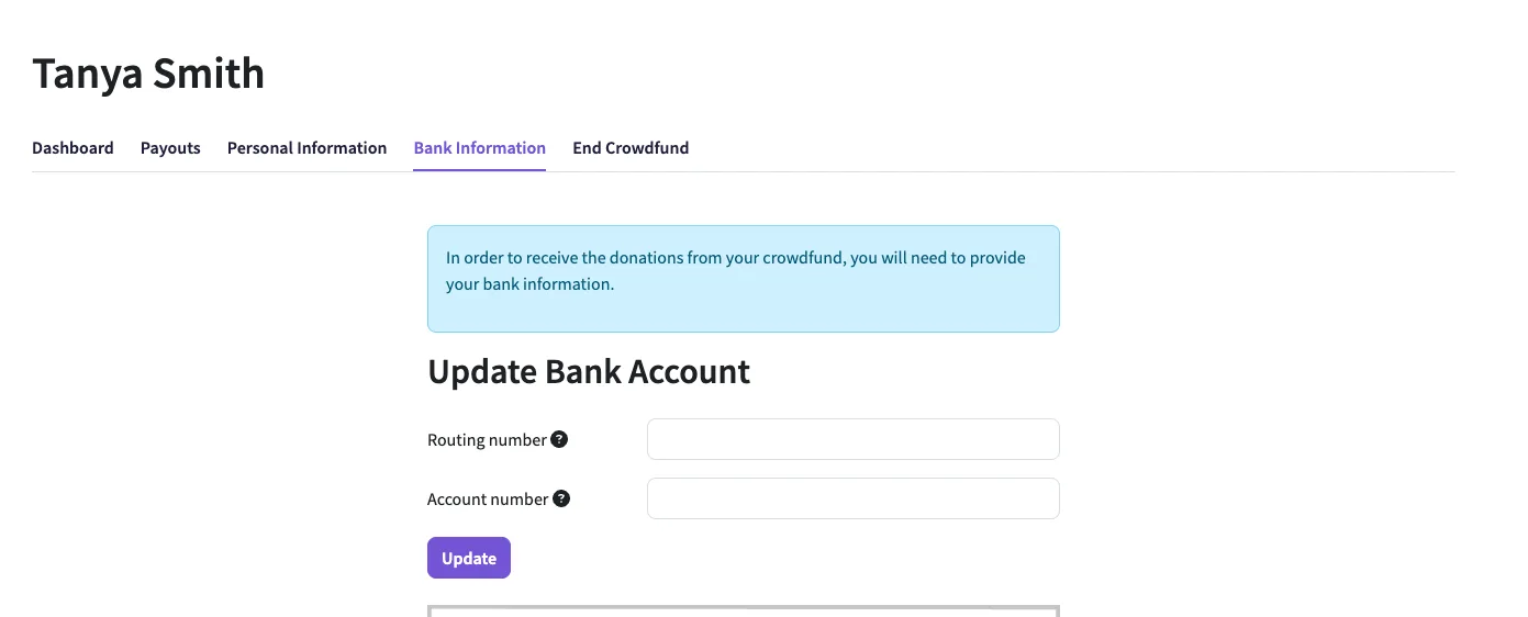 Pledge's Bank Information tab with routing number and account number fields and an Update button.