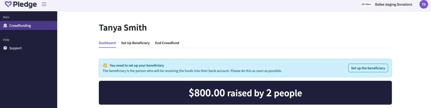The Pledge dashboard with a “You need to set up your beneficiary” notice, a Set up the beneficiary button, and $800 raised by 2 people.