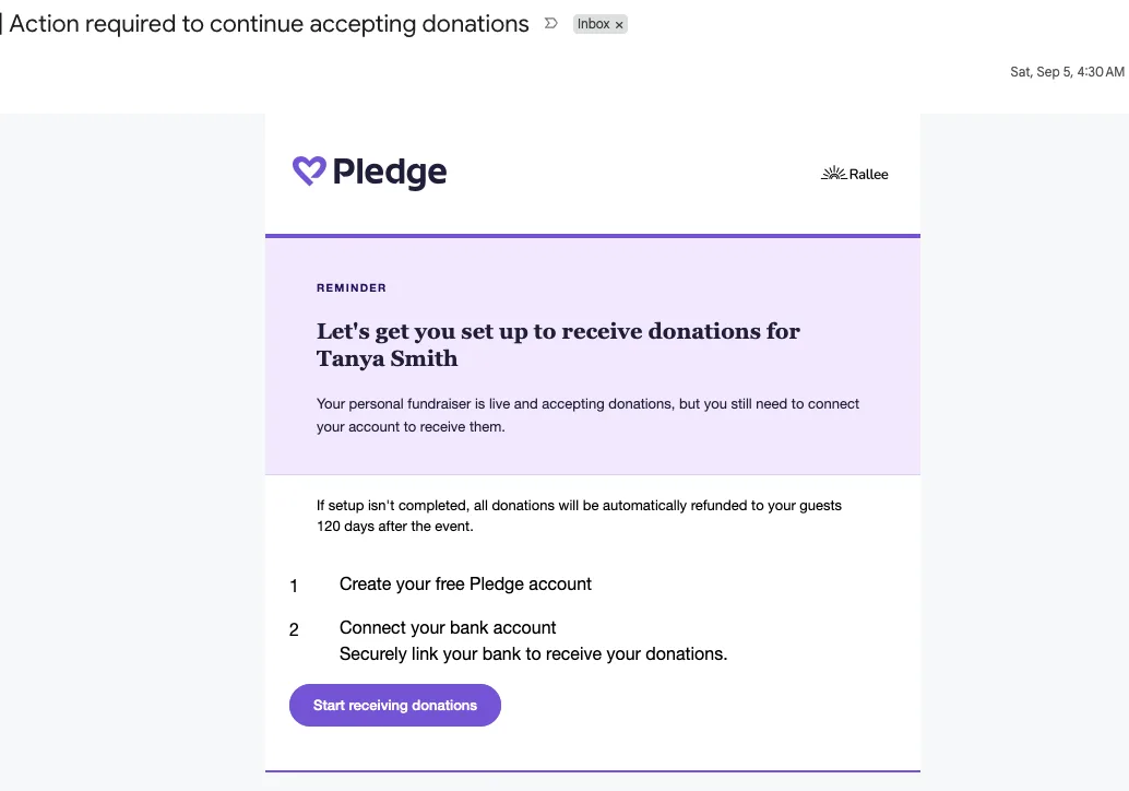 An email from Pledge titled “Let's get you set up to receive donations,” with a purple Start receiving donations button.