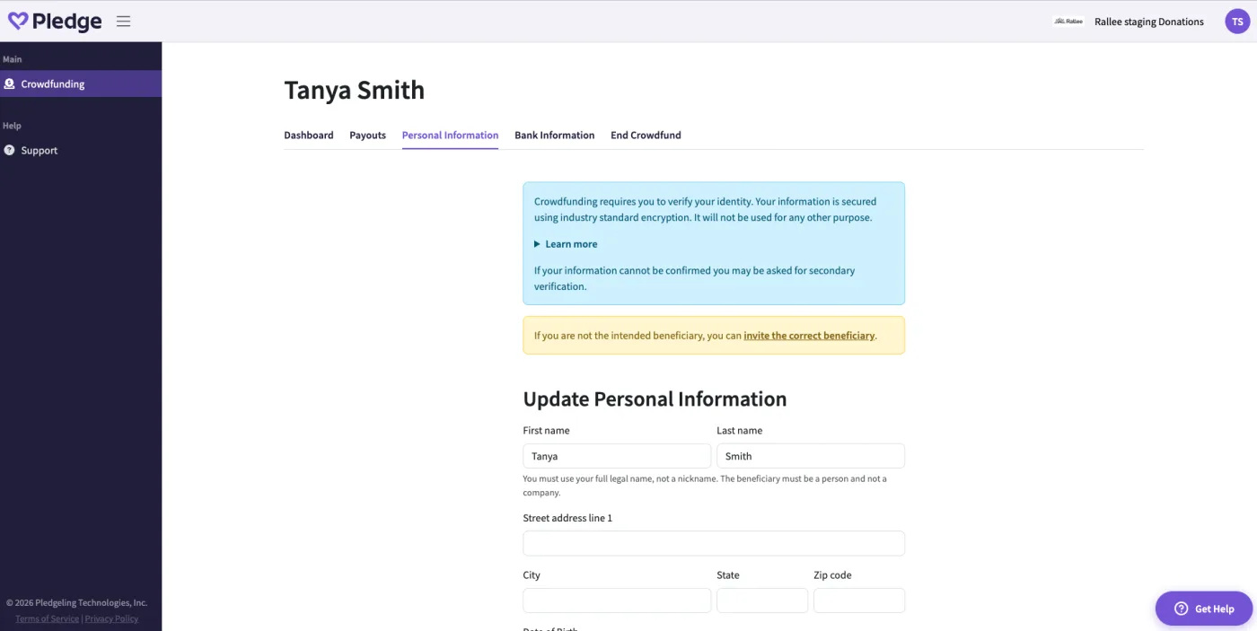 Pledge's Personal Information form with first name, last name, street address, city, state and zip code.