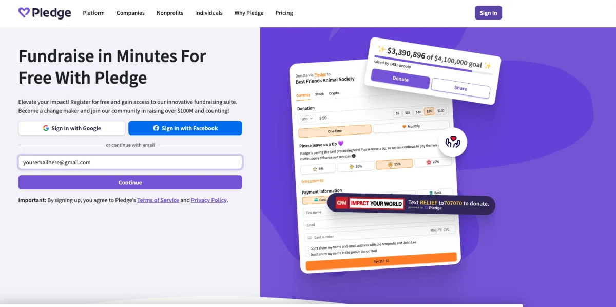 Pledge's sign-up page with an email field and a Continue button.