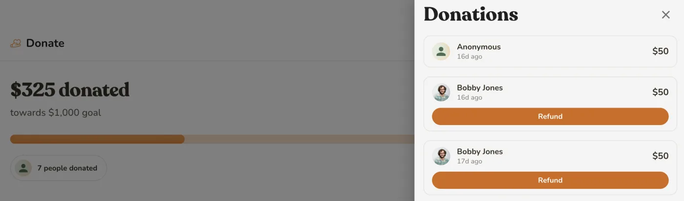 The Donations list on a Rallee, with a Refund button under each of the viewer's own donations.