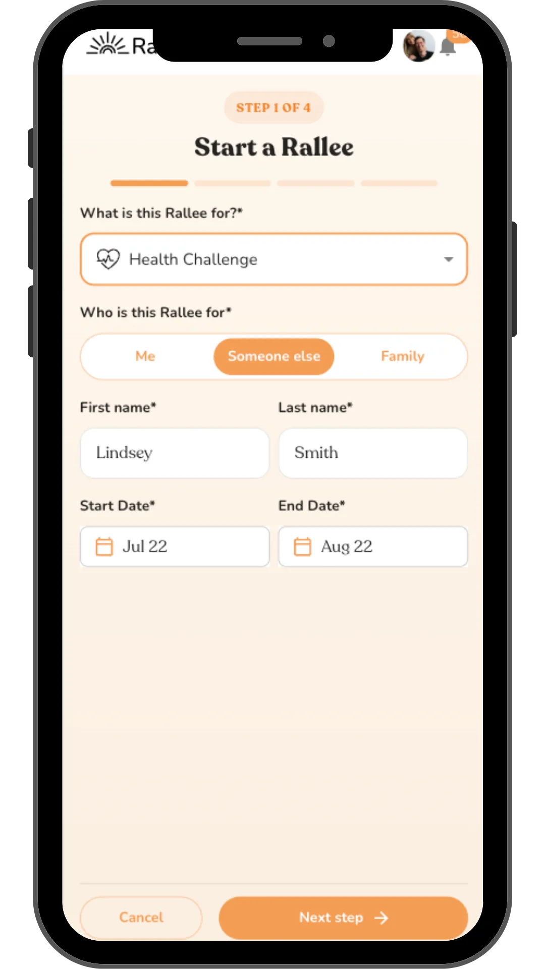 Rallee meal train setup step 1 of 4: choosing what the meal train is for and adding the recipient's name and dates