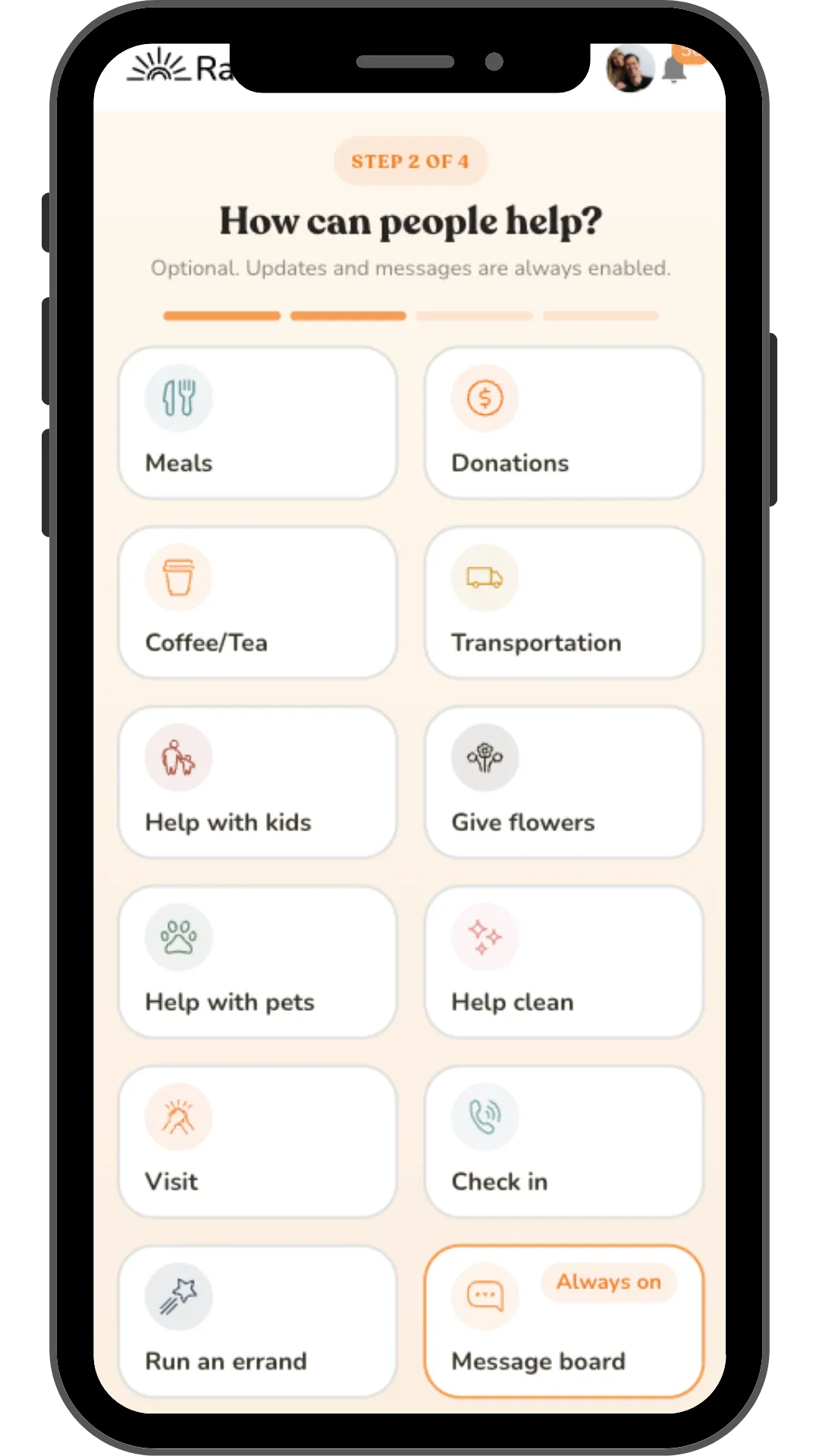 Rallee meal train setup step 2 of 4: choosing how people can help with meals, donations, coffee, transportation, and more