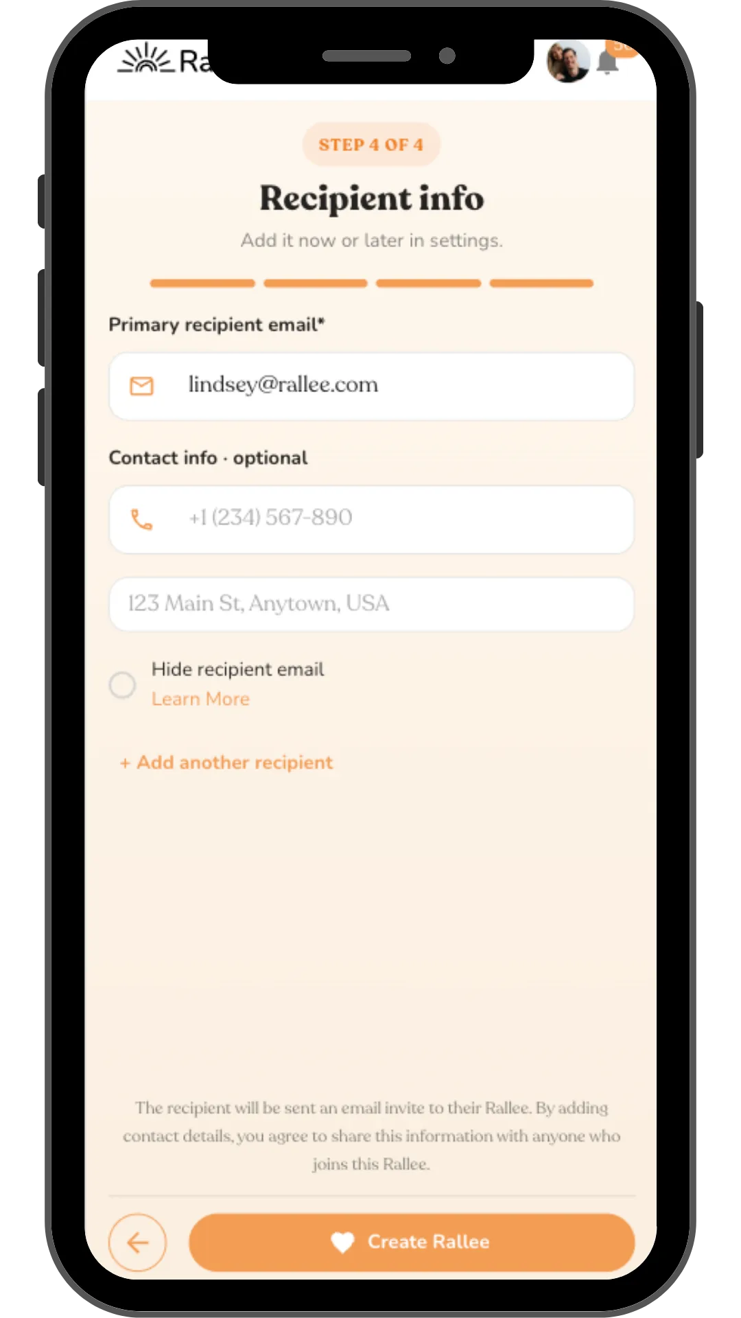 Rallee meal train setup step 4 of 4: adding the recipient's email, phone, and address